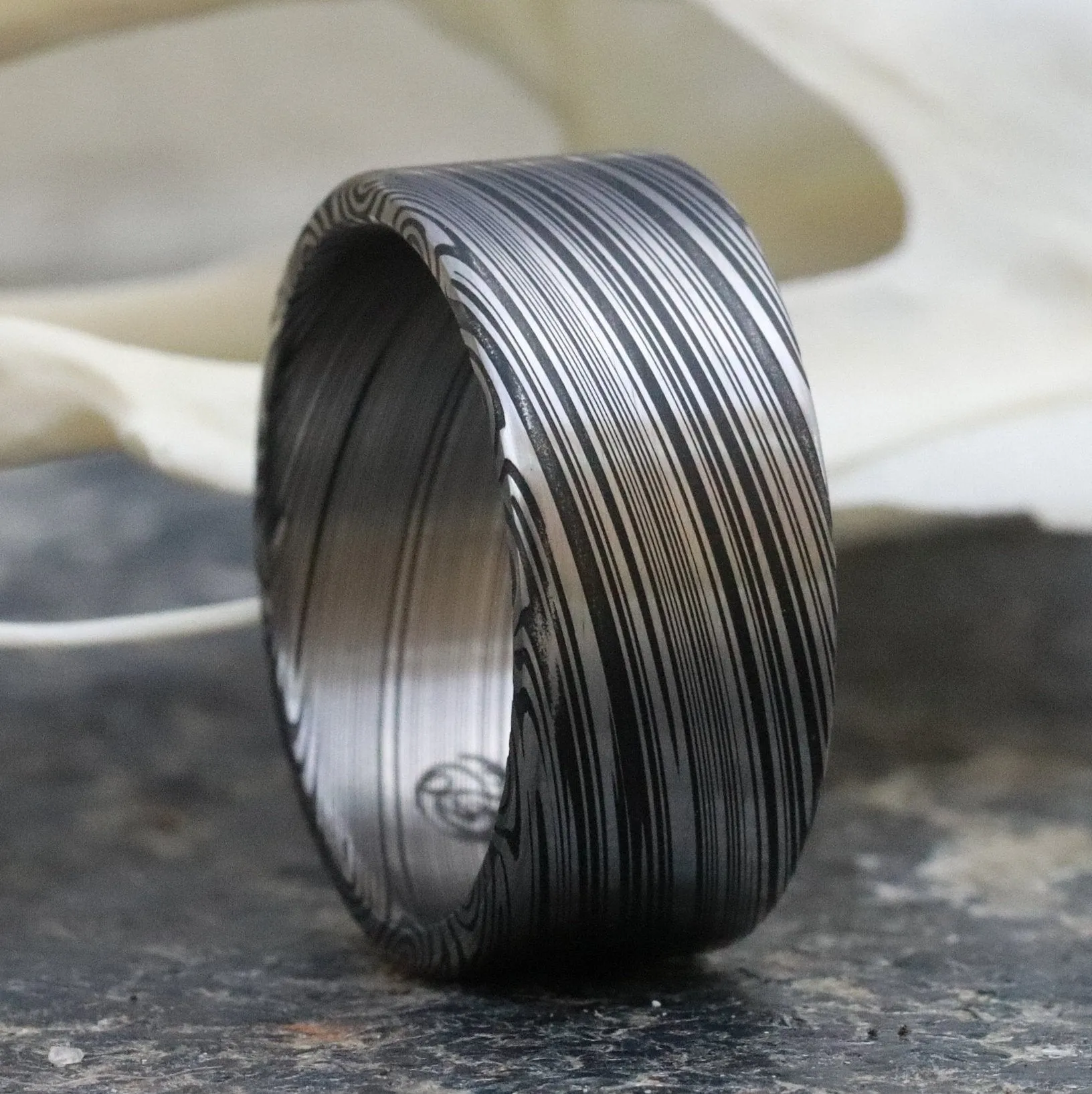 10mm Damascus steel ring Stainless damascus Damasteel "dark leaf" Customizable ring! Darker color etch. Damascus steel ring mens rings wedding band