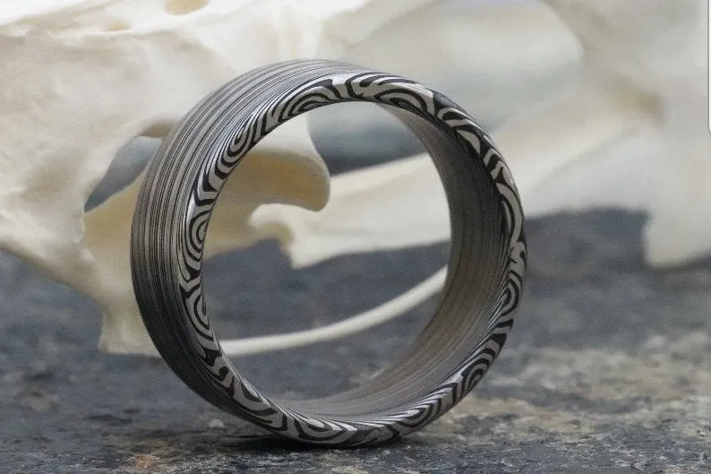 10mm Damascus steel ring Stainless damascus Damasteel "dark leaf" Customizable ring! Darker color etch. Damascus steel ring mens rings wedding band