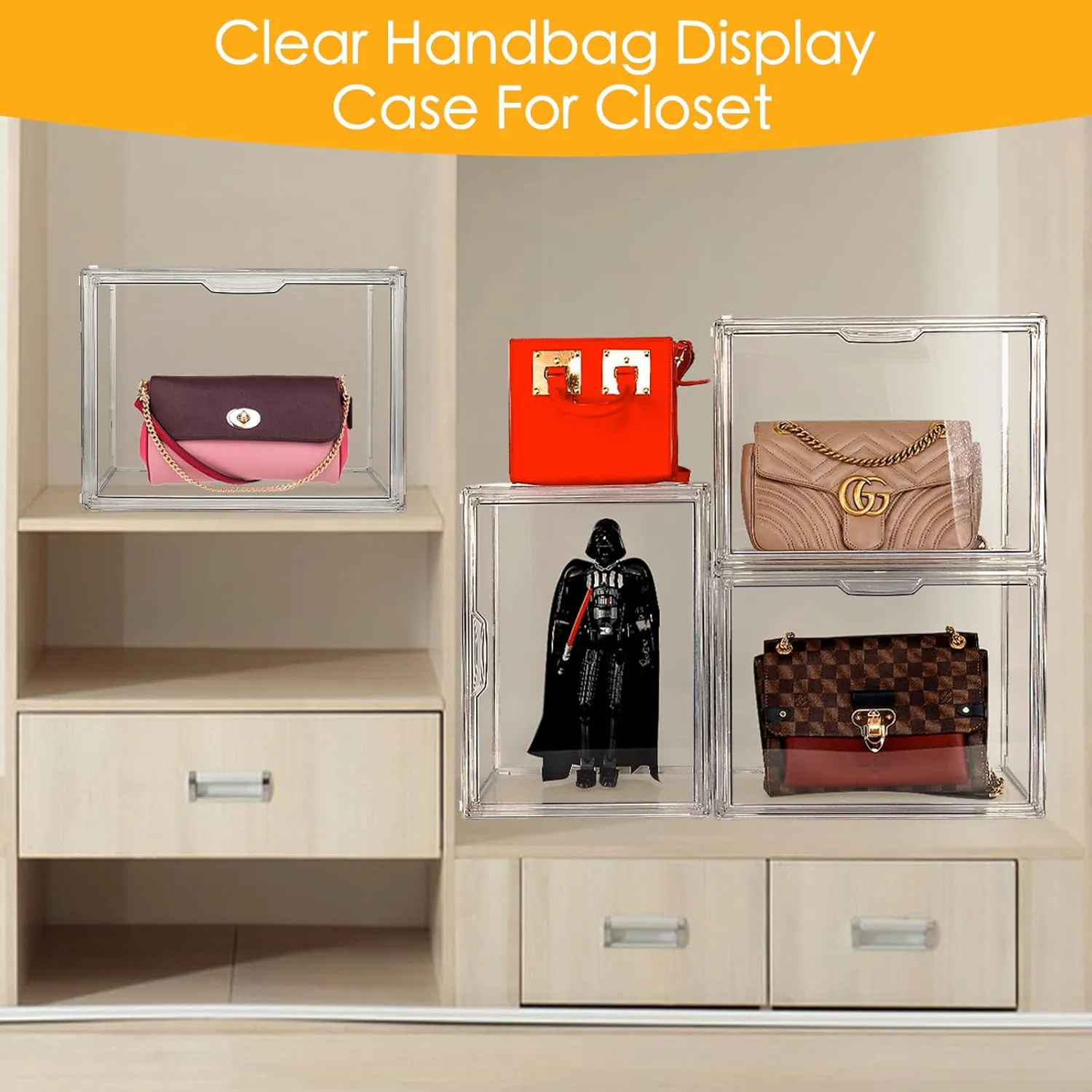 10Pack Purse Organizer for Closet Clear Acrylic Display Case Handbag Storage Organizer Box with Magnetic Door Stackable Storage Bins with Dustproof Lid for Book Toys Shoes Cosmetic Collectibles