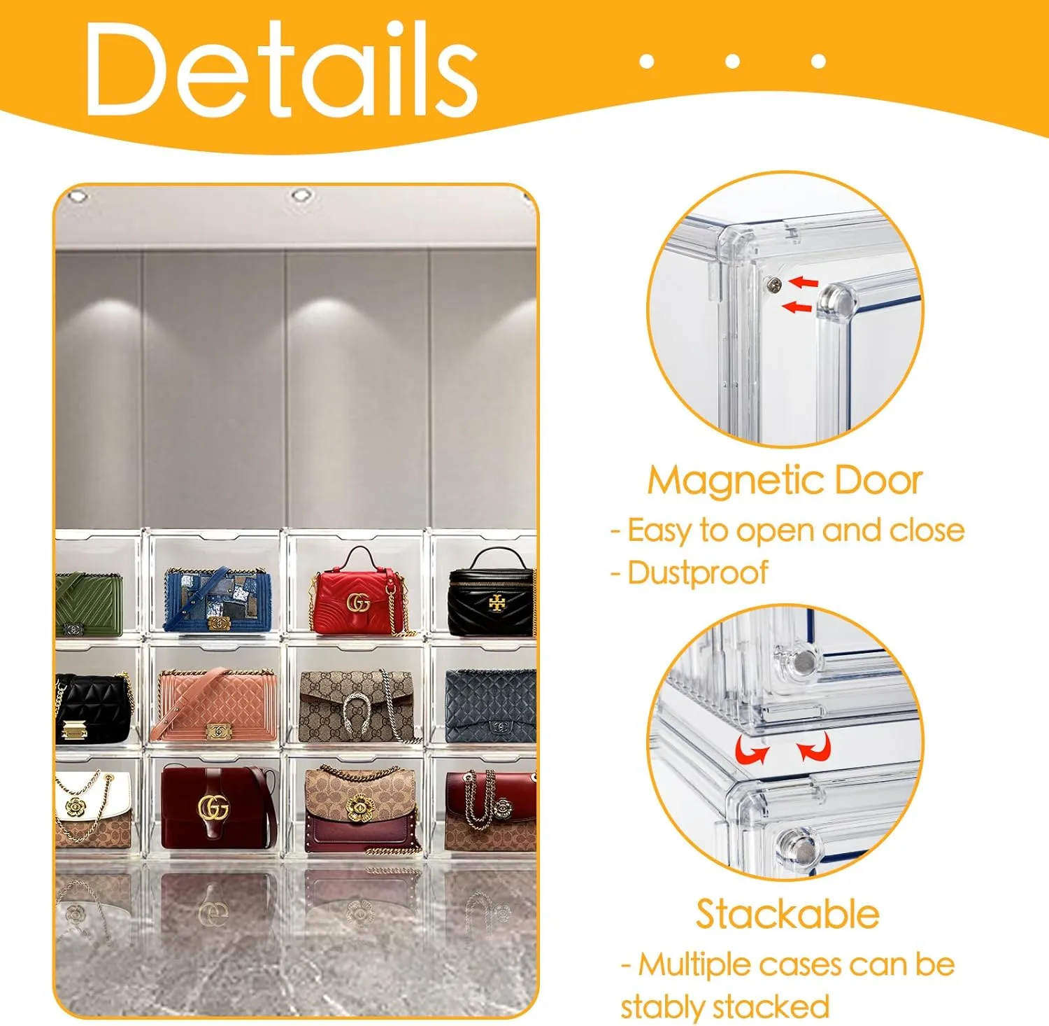 10Pack Purse Organizer for Closet Clear Acrylic Display Case Handbag Storage Organizer Box with Magnetic Door Stackable Storage Bins with Dustproof Lid for Book Toys Shoes Cosmetic Collectibles