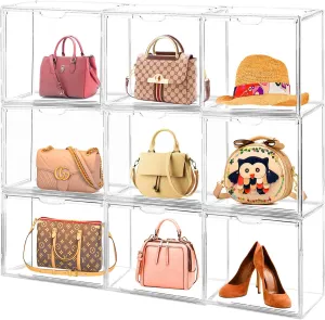 10Pack Purse Organizer for Closet Clear Acrylic Display Case Handbag Storage Organizer Box with Magnetic Door Stackable Storage Bins with Dustproof Lid for Book Toys Shoes Cosmetic Collectibles