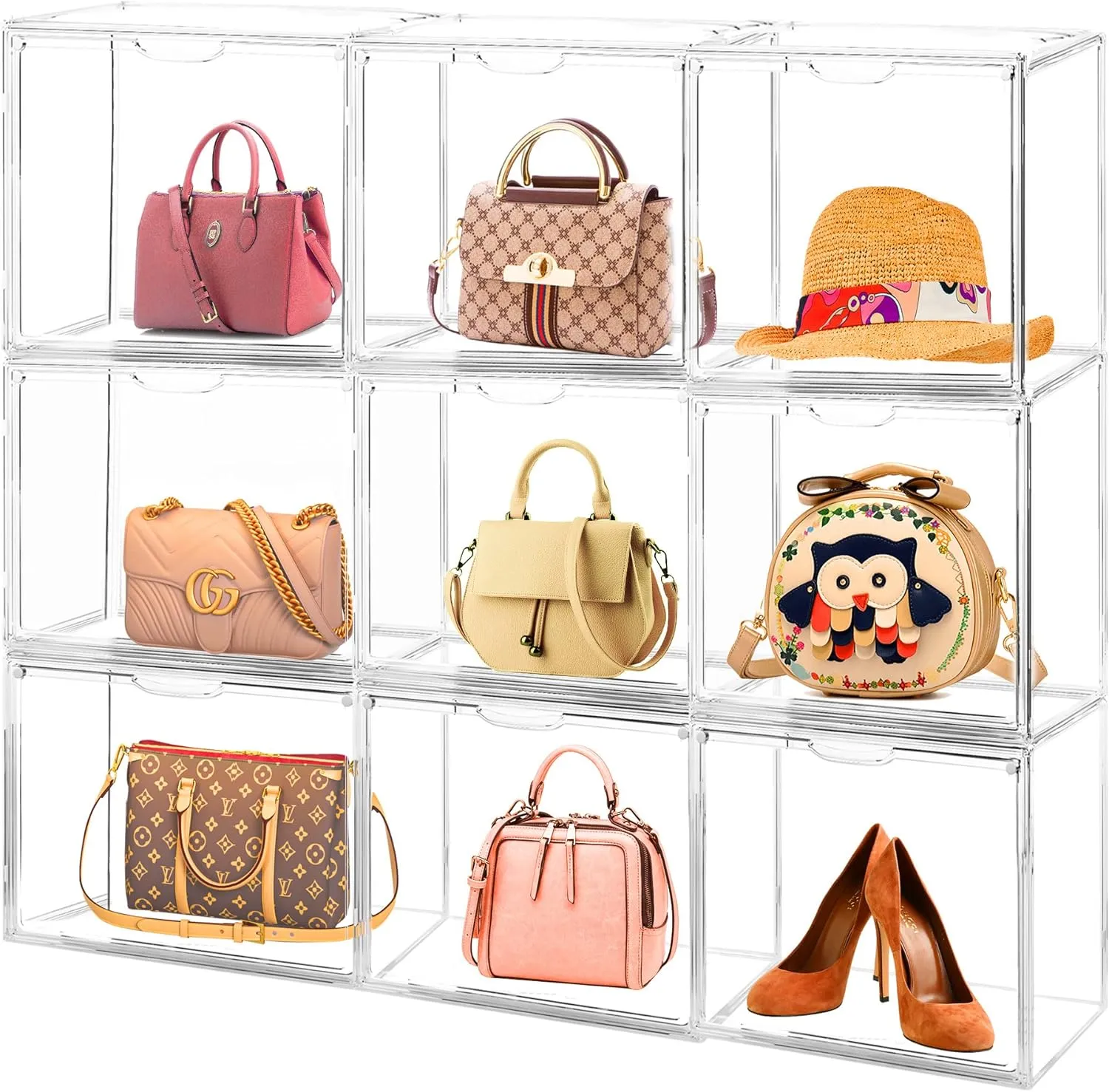 10Pack Purse Organizer for Closet Clear Acrylic Display Case Handbag Storage Organizer Box with Magnetic Door Stackable Storage Bins with Dustproof Lid for Book Toys Shoes Cosmetic Collectibles
