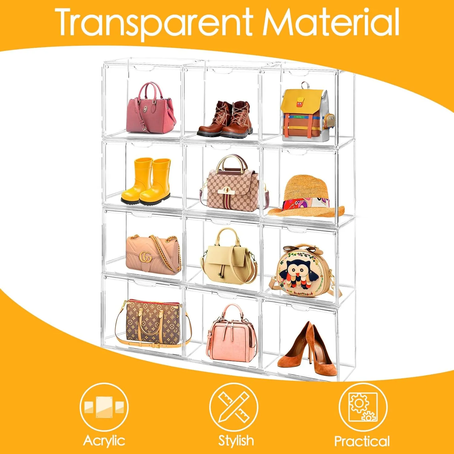 10Pack Purse Organizer for Closet Clear Acrylic Display Case Handbag Storage Organizer Box with Magnetic Door Stackable Storage Bins with Dustproof Lid for Book Toys Shoes Cosmetic Collectibles