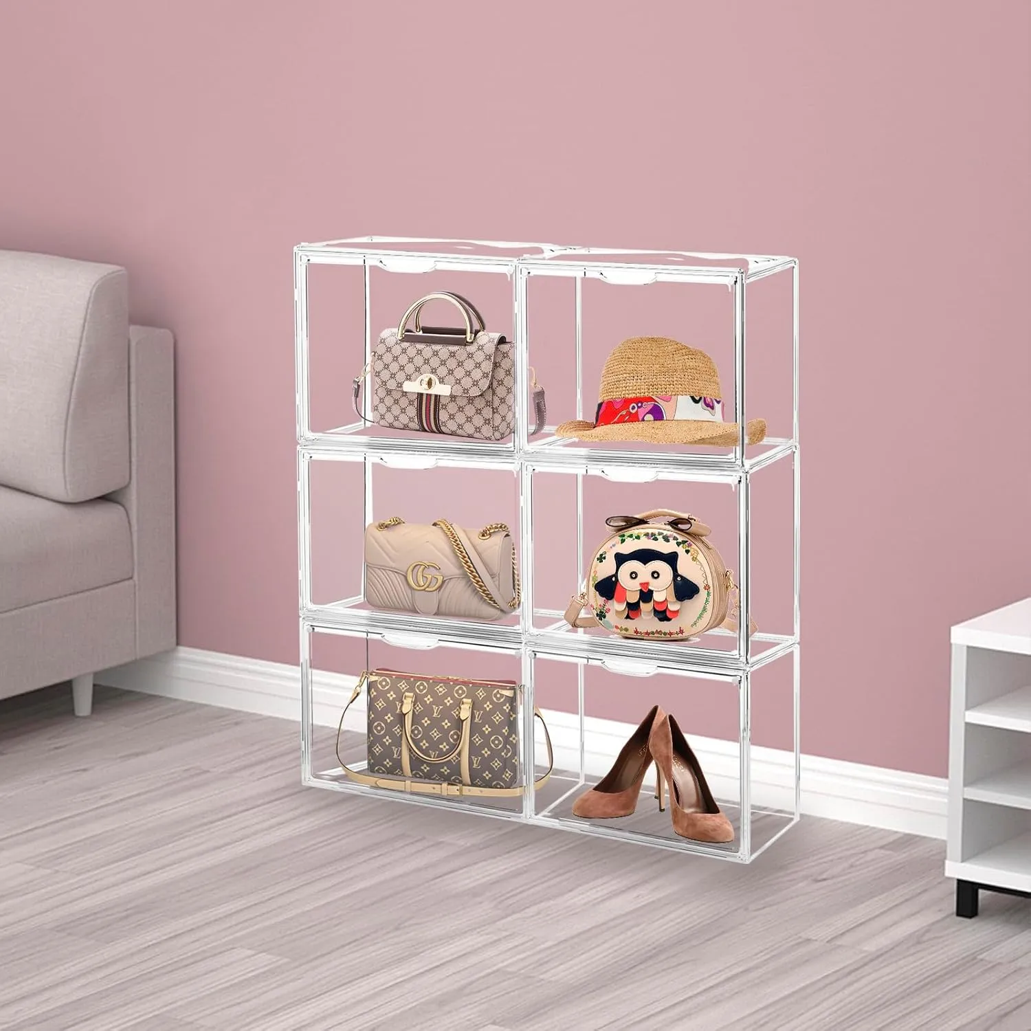10Pack Purse Organizer for Closet Clear Acrylic Display Case Handbag Storage Organizer Box with Magnetic Door Stackable Storage Bins with Dustproof Lid for Book Toys Shoes Cosmetic Collectibles