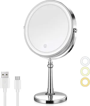 10X Magnifying Lighted Makeup Mirror, 9" Rechargeable Mirror with Lights, Brightness Adjustable Cosmetic Light up Vanity Mirror, Gift for Women