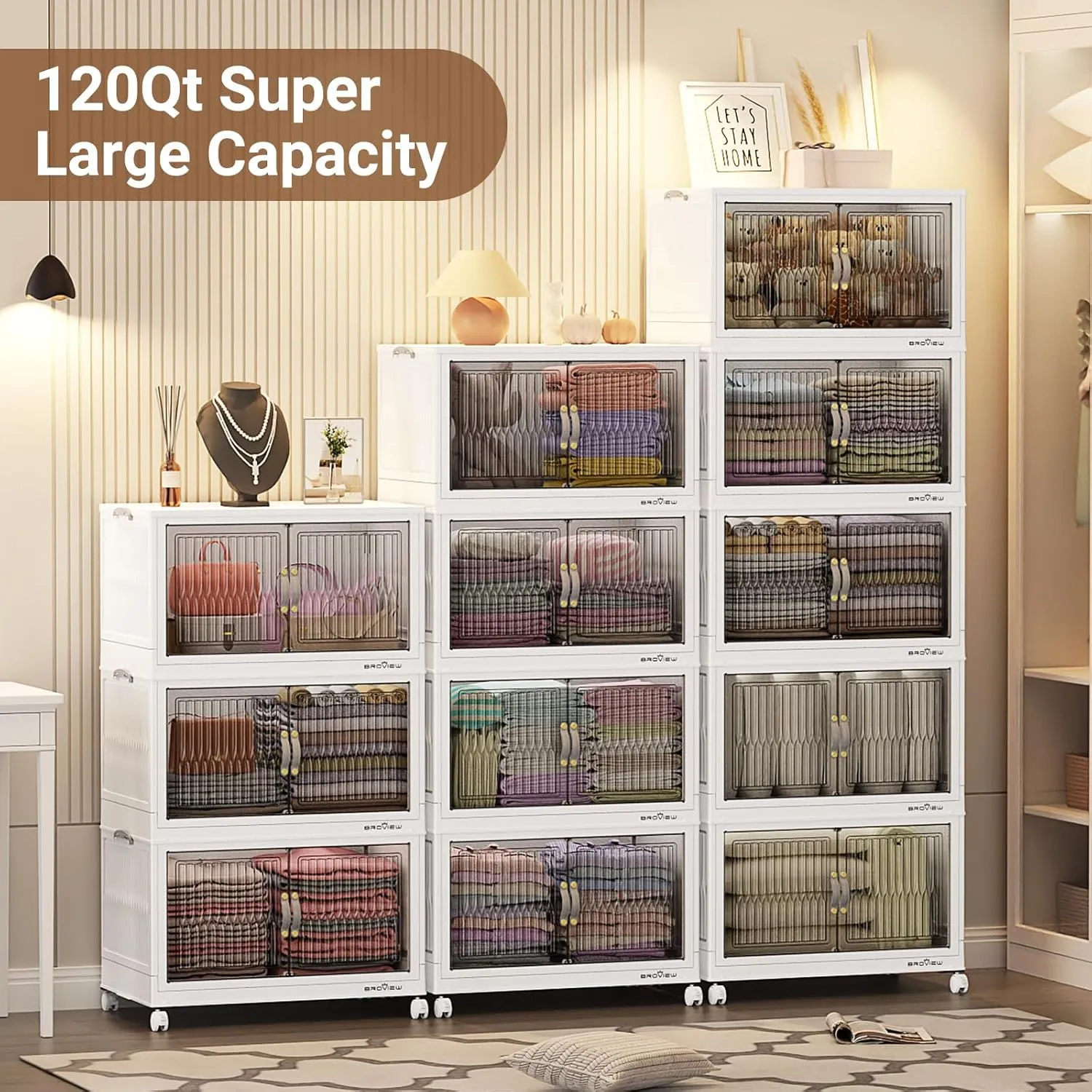 120 Qt Stackable Storage Bins with Lid, Closet Organizer and Storage Drawer, Collapsible Storage Box with Wheels, Plastic Clothes Storage Cabinet Containers for Home Organization, 3Pack White
