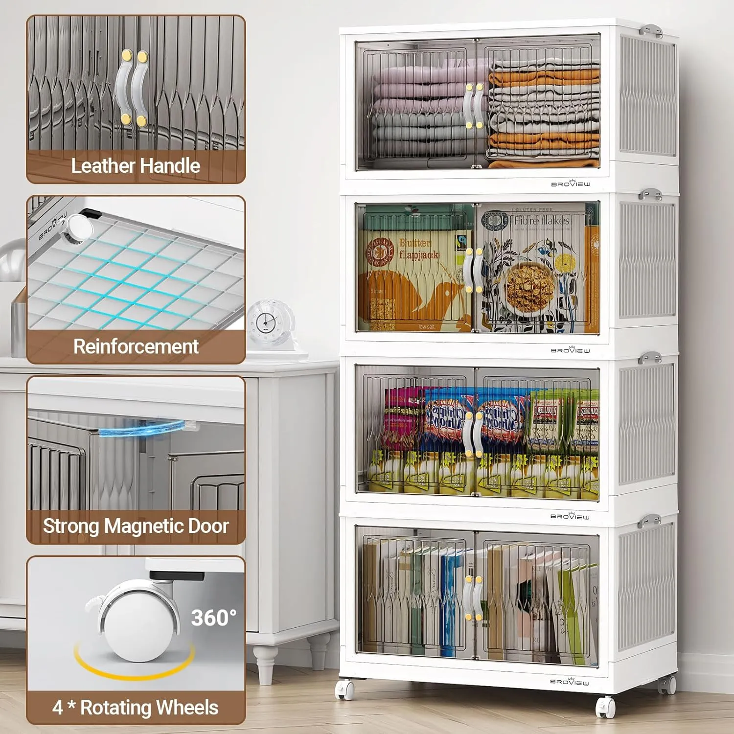 120 Qt Stackable Storage Bins with Lid, Closet Organizer and Storage Drawer, Collapsible Storage Box with Wheels, Plastic Clothes Storage Cabinet Containers for Home Organization, 3Pack White