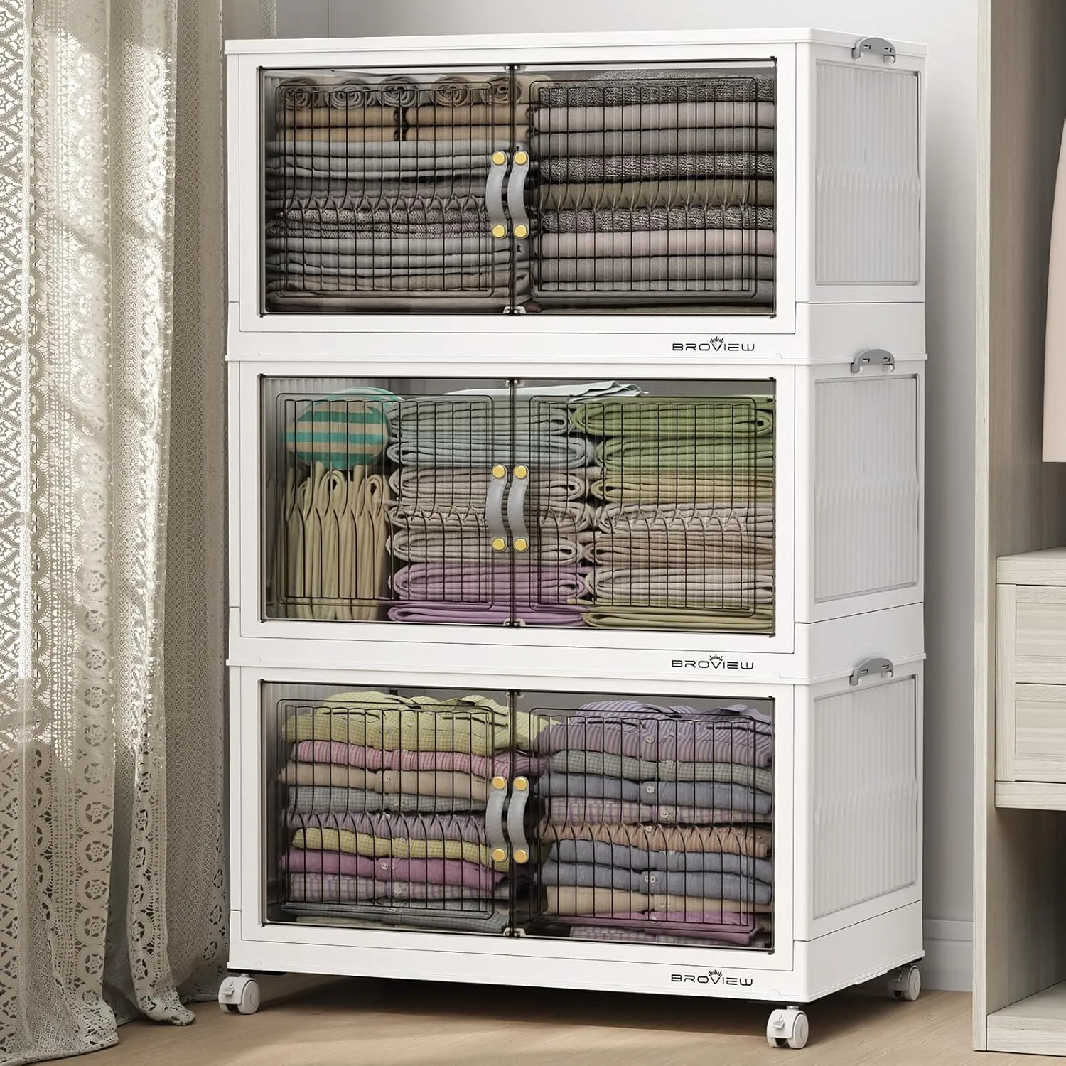 120 Qt Stackable Storage Bins with Lid, Closet Organizer and Storage Drawer, Collapsible Storage Box with Wheels, Plastic Clothes Storage Cabinet Containers for Home Organization, 3Pack White