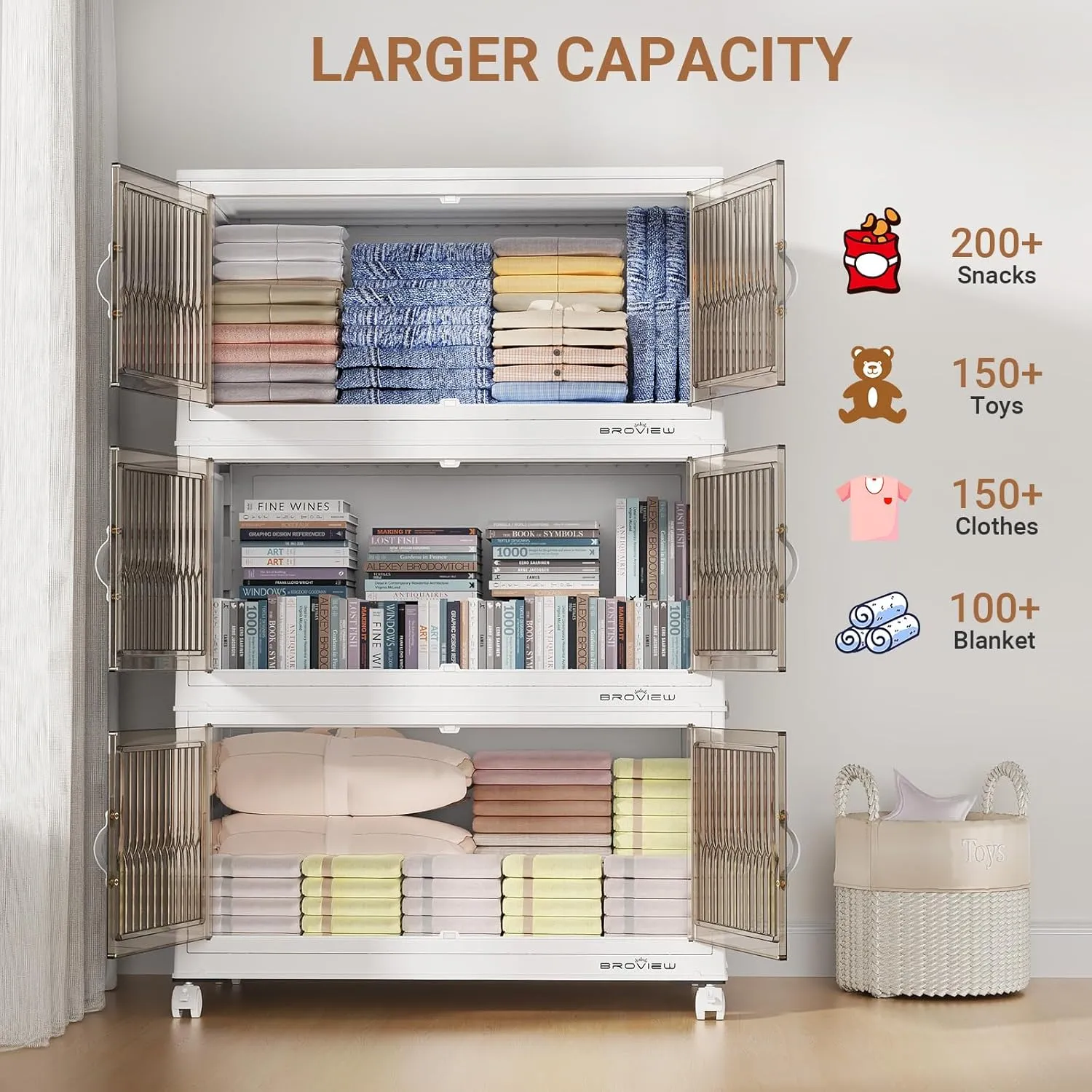 120 Qt Stackable Storage Bins with Lid, Closet Organizer and Storage Drawer, Collapsible Storage Box with Wheels, Plastic Clothes Storage Cabinet Containers for Home Organization, 3Pack White