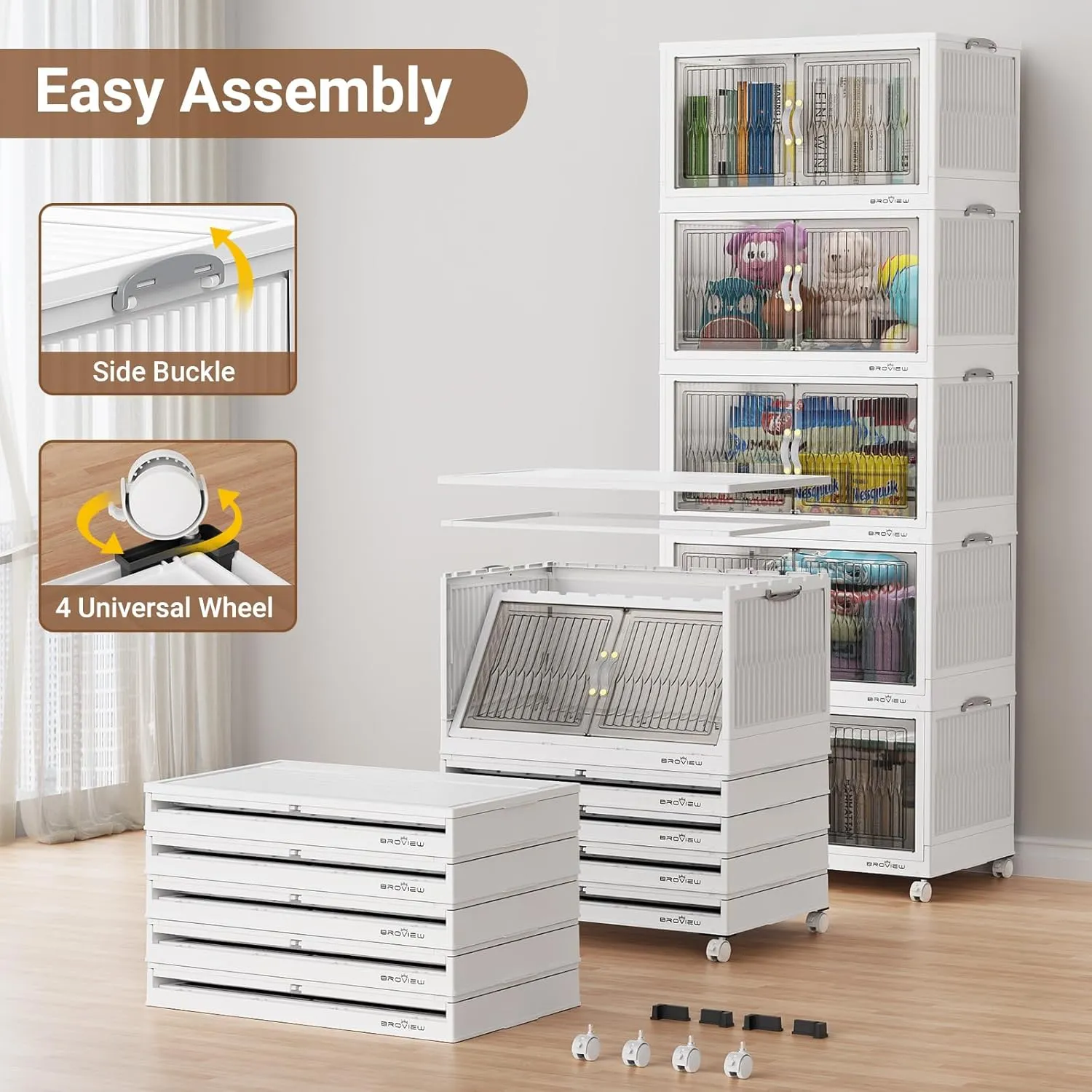 120 Qt Stackable Storage Bins with Lid, Closet Organizer and Storage Drawer, Collapsible Storage Box with Wheels, Plastic Clothes Storage Cabinet Containers for Home Organization, 3Pack White