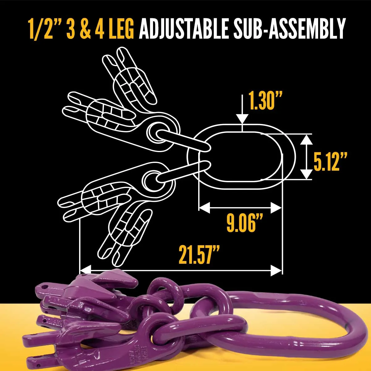 1/2" x 5' - Adjustable 3 Leg Chain Sling w/ Foundry Hooks - Grade 100