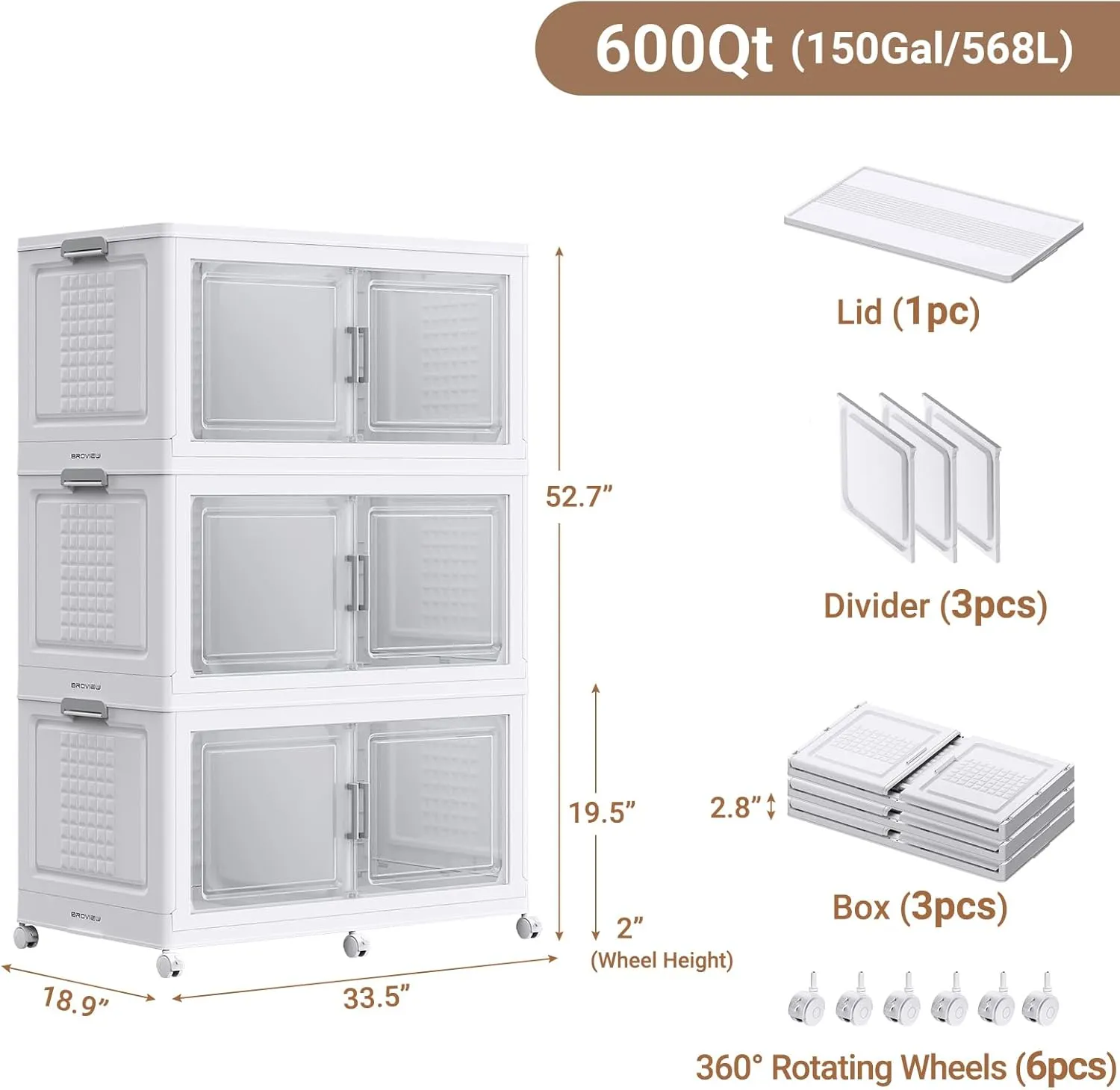 150Gal Plastic Storage Bins with Lid and Wheels, 3Pack Extra Large Stackable Storage Bins With Dividers, Closet Organizers and Storage Cabinet Shelves Collapsible Box for Home Garage, White