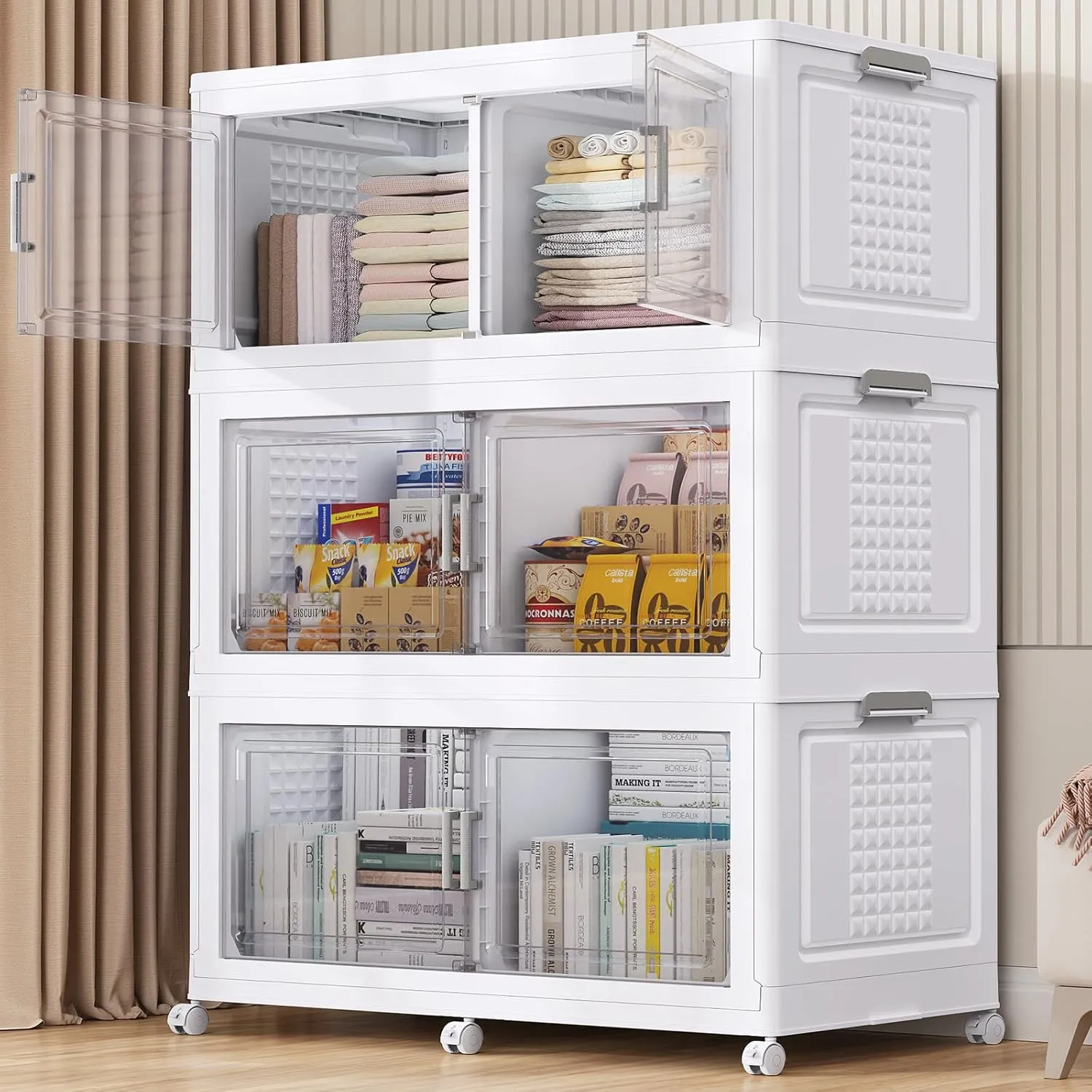 150Gal Plastic Storage Bins with Lid and Wheels, 3Pack Extra Large Stackable Storage Bins With Dividers, Closet Organizers and Storage Cabinet Shelves Collapsible Box for Home Garage, White