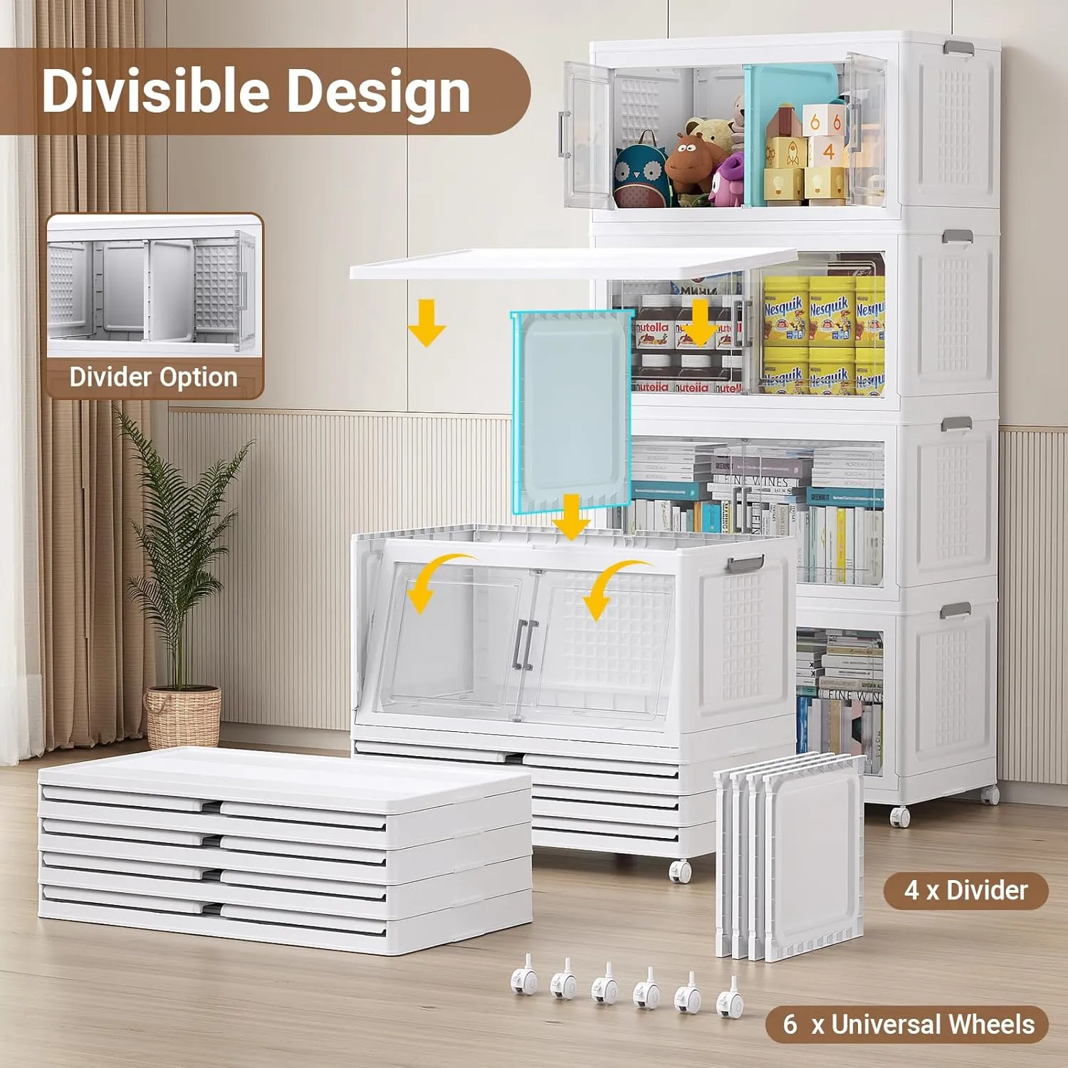 150Gal Plastic Storage Bins with Lid and Wheels, 3Pack Extra Large Stackable Storage Bins With Dividers, Closet Organizers and Storage Cabinet Shelves Collapsible Box for Home Garage, White