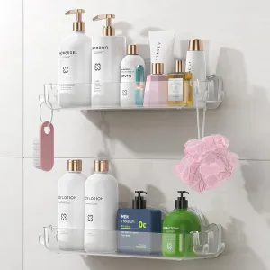 2 Pack Acrylic Shower Caddy Adhesive, No Drilling Bathroom Shower Organizers, with 4 Removable Hooks, Wall Mounted Shower Shelves, Acrylic Shower Holder Storage for Bathroom, Dorm, Kitchen