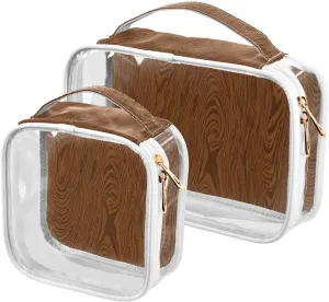 2 Pack clear Brown Wood Grain Vintage hanging travel toiletry TSA approved reusable small cosmetic bag travel essential
