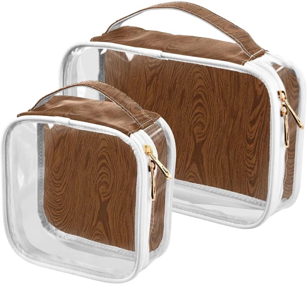 2 Pack clear Brown Wood Grain Vintage hanging travel toiletry TSA approved reusable small cosmetic bag travel essential
