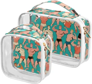 2 Pack clear Muscle Hunk Man Cartoon Green mens toiletry travel bag TSA approved waterproof small cosmetic bag travel essential