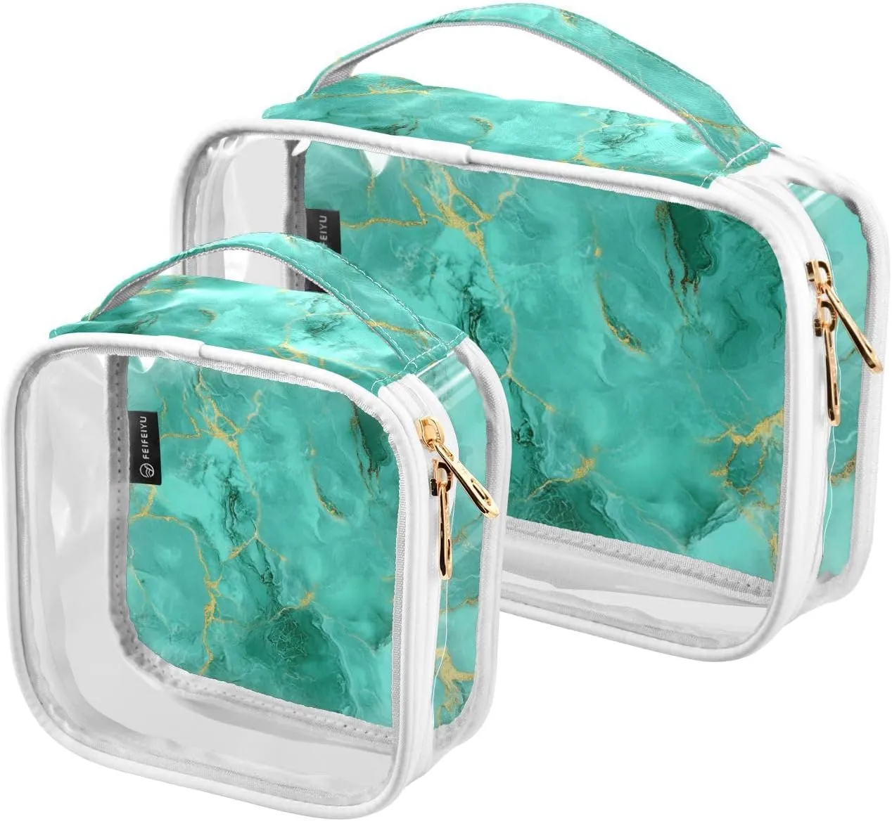 2 Pack Pale Greenish-gold Marble Texture clear decorative mens toiletry bags TSA approved portable small cosmetic bag shaving essentials Bolsa de almacenamiento