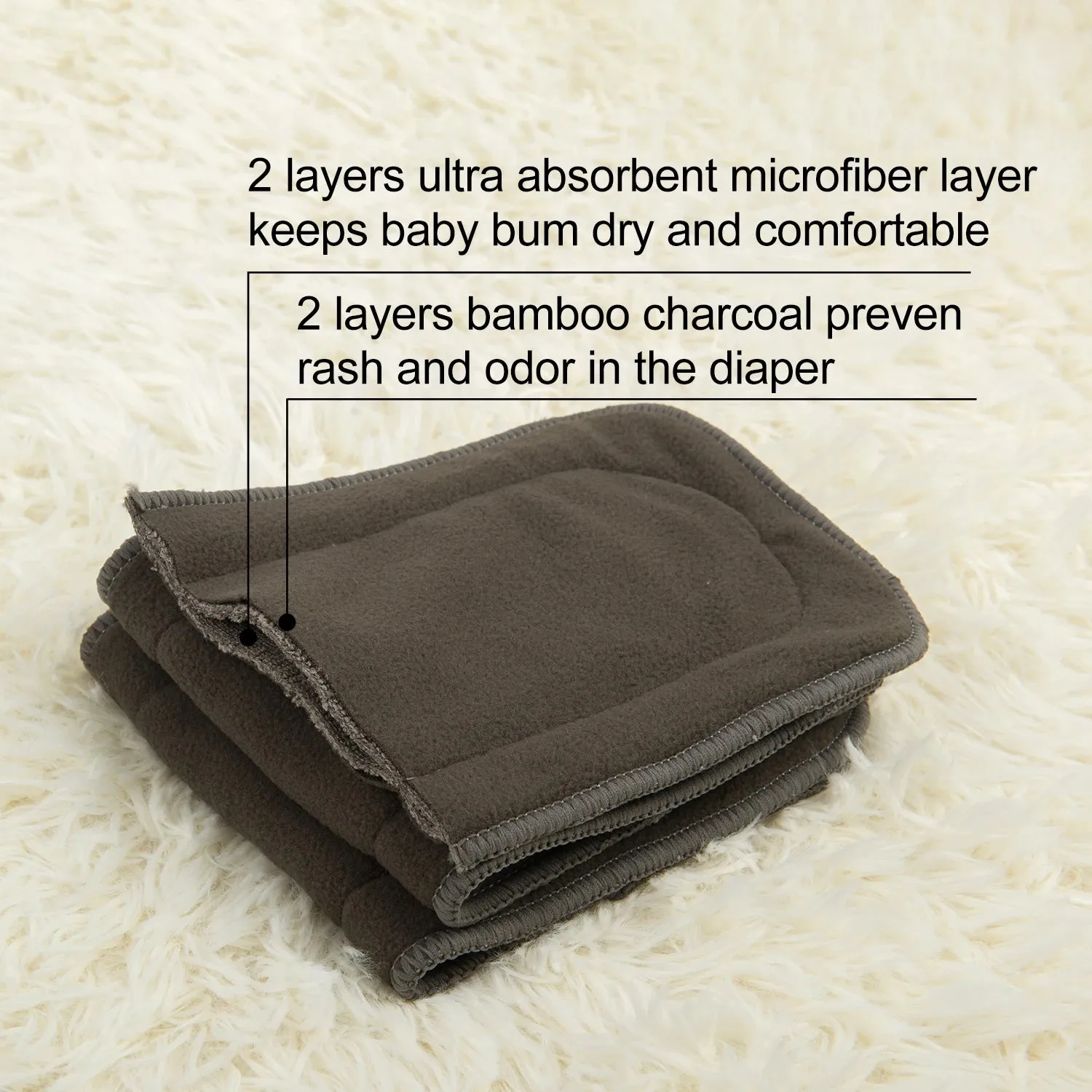 2 Pack Reusable Cloth Diaper Inserts Microfiber Bamboo Charcoal Absorbent Baby Inserts