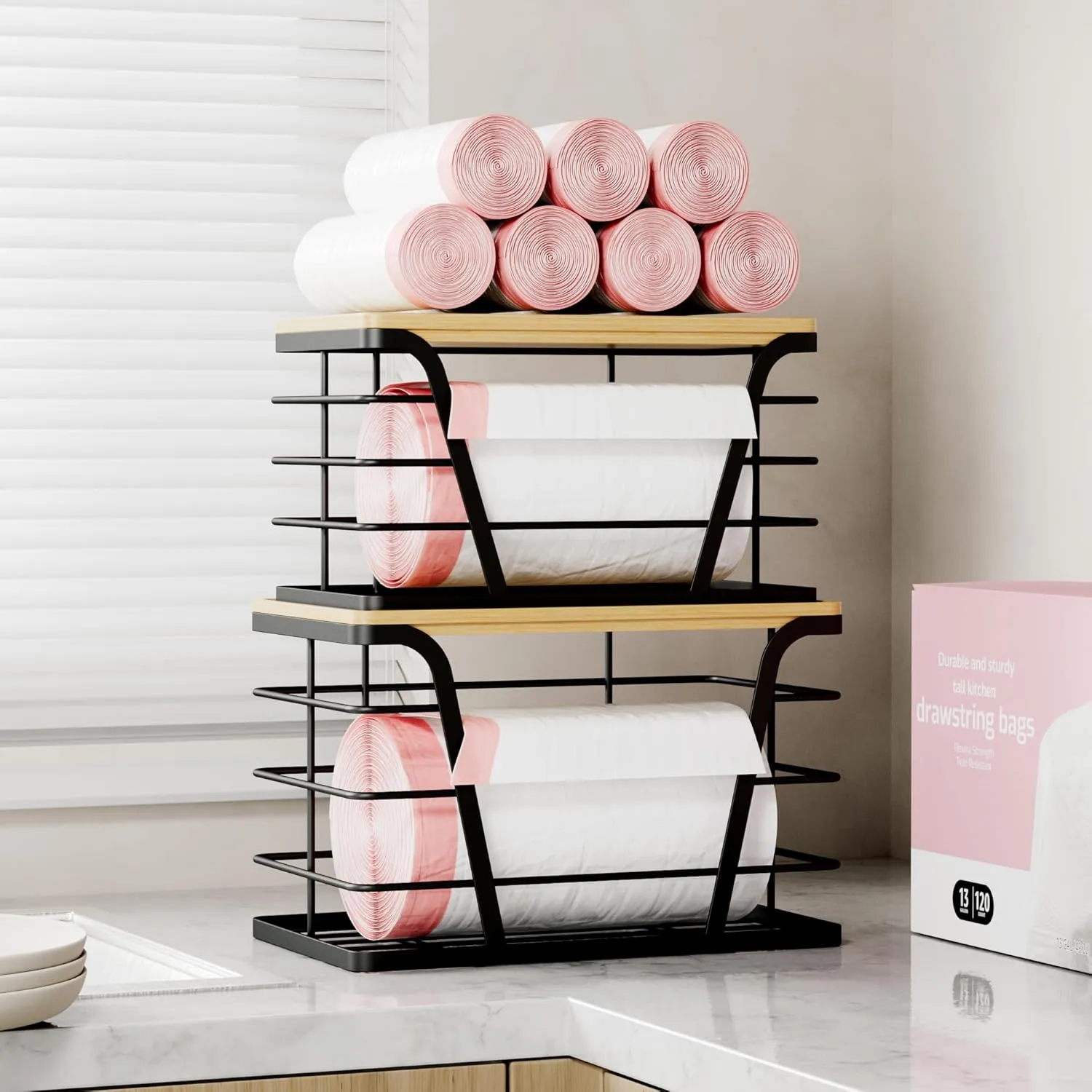 2 Pack Stackable Storage Laundry Kitchen Organizers, Wall Mount Trash Bag Holder with Bamboo Top and Garbage Bag Dispenser No Drill