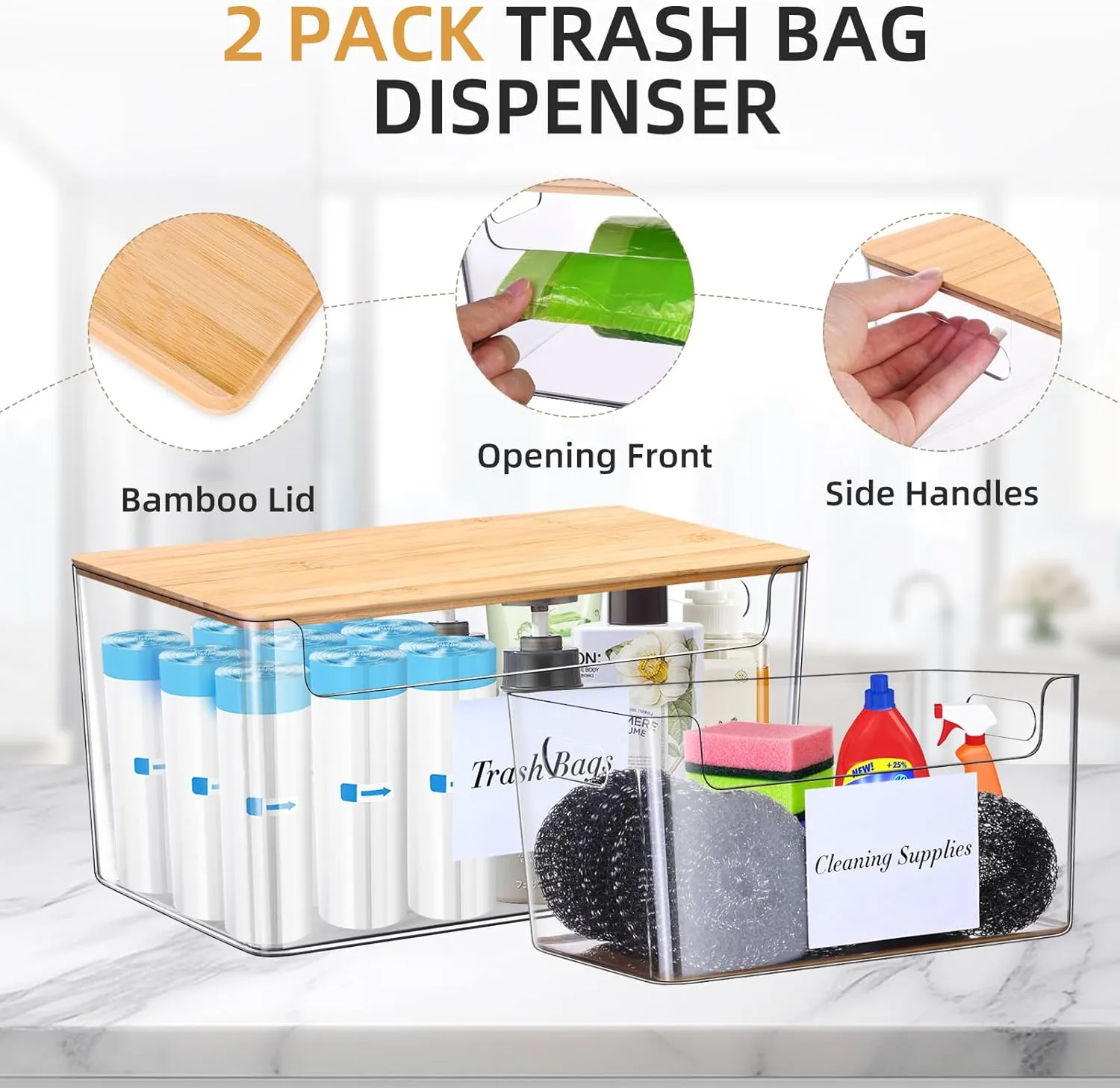 2 Pack Trash Bag Holder Dispenser,Plastic Garbage Bag Dispenser with Bamboo Top,Organization and Storage Under Sink Stackable for Kitchen,Pantry,Laundry Room,Cabinet,Grocery,Fruits,Vegetables