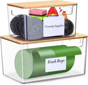 2 Pack Trash Bag Holder Dispenser,Plastic Garbage Bag Dispenser with Bamboo Top,Organization and Storage Under Sink Stackable for Kitchen,Pantry,Laundry Room,Cabinet,Grocery,Fruits,Vegetables