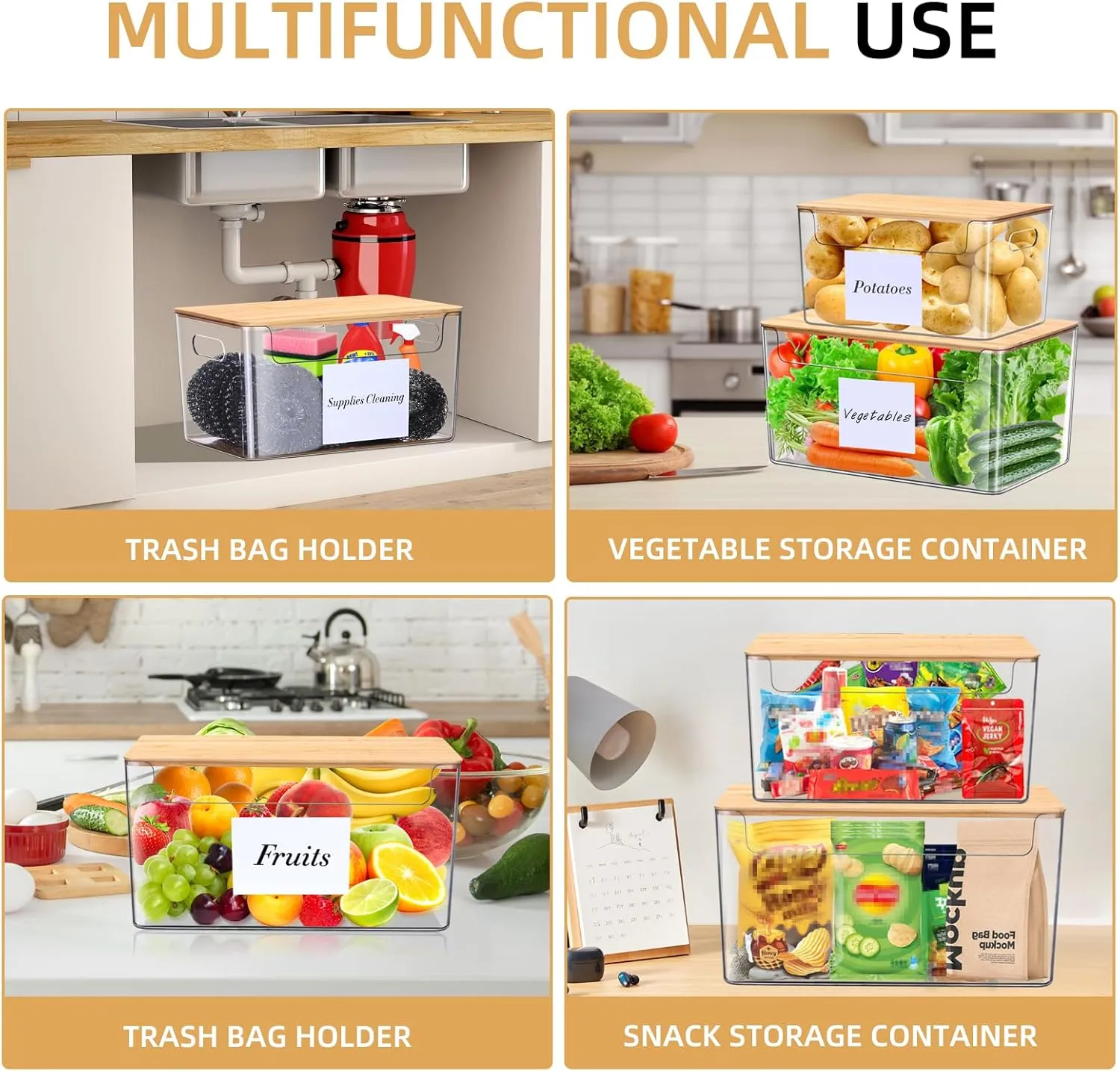2 Pack Trash Bag Holder Dispenser,Plastic Garbage Bag Dispenser with Bamboo Top,Organization and Storage Under Sink Stackable for Kitchen,Pantry,Laundry Room,Cabinet,Grocery,Fruits,Vegetables