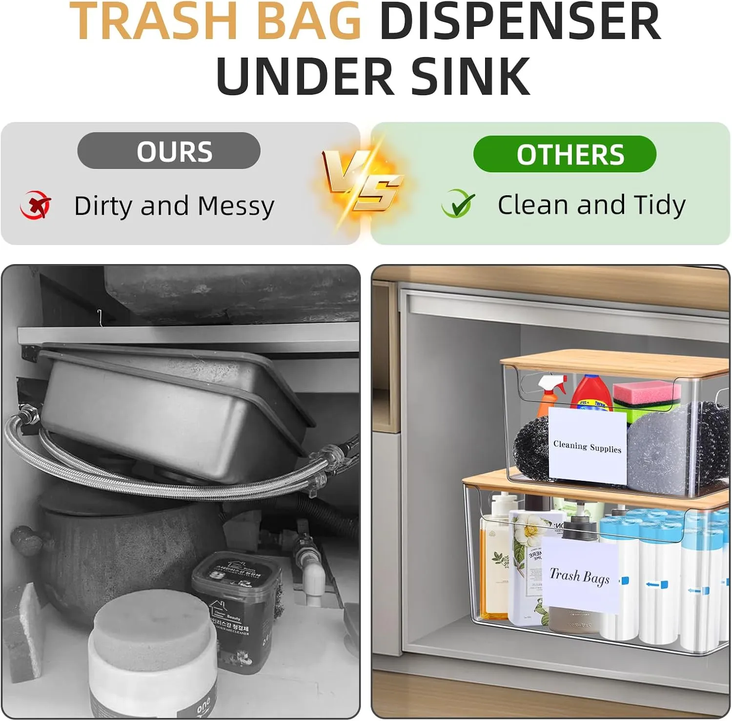 2 Pack Trash Bag Holder Dispenser,Plastic Garbage Bag Dispenser with Bamboo Top,Organization and Storage Under Sink Stackable for Kitchen,Pantry,Laundry Room,Cabinet,Grocery,Fruits,Vegetables