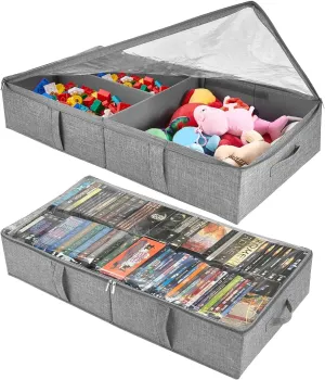 2-Pack Under Bed Toy Storage Boxes,Grey Toy Organizer with Clear PVC Lid,Foldable Under Couch Storage Bins (31.8×16×5.9in),Toys Storage Containers for Plush Dolls,Books,Clothes,Shoes & Blankets