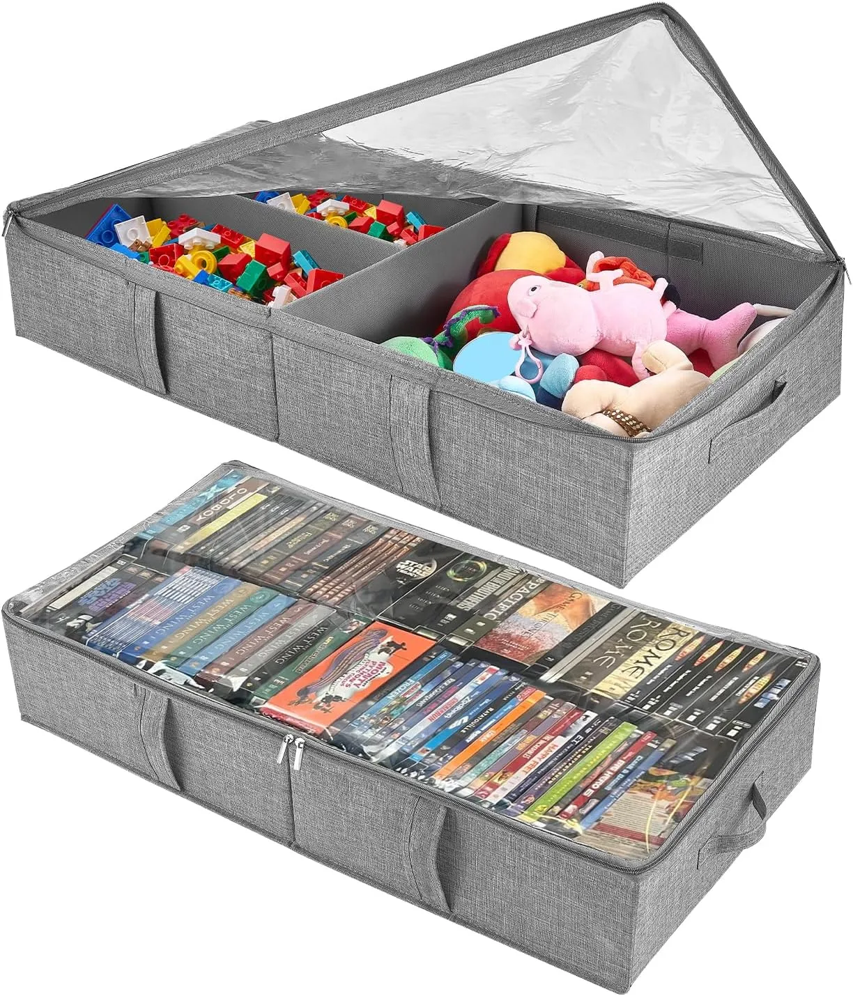 2-Pack Under Bed Toy Storage Boxes,Grey Toy Organizer with Clear PVC Lid,Foldable Under Couch Storage Bins (31.8×16×5.9in),Toys Storage Containers for Plush Dolls,Books,Clothes,Shoes & Blankets