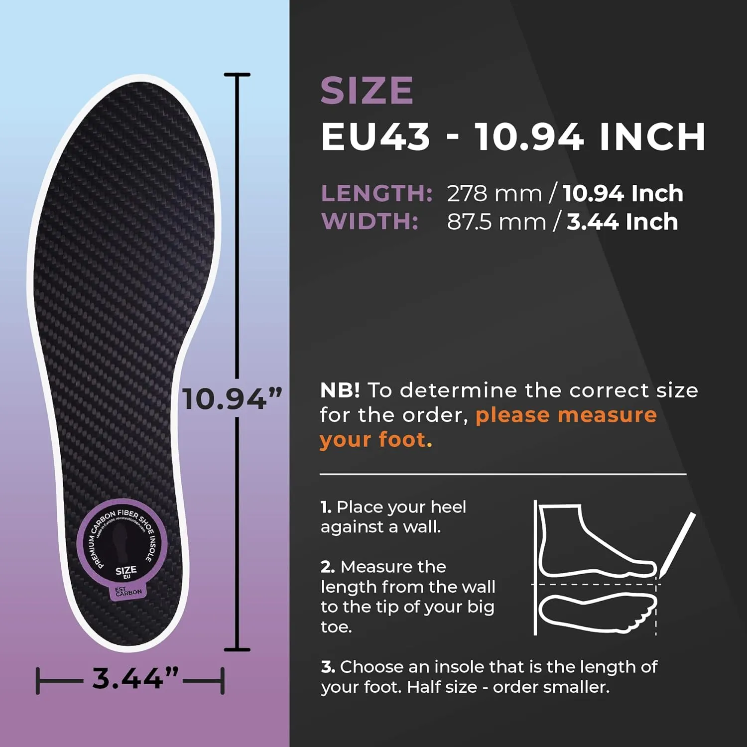 2 Piece (Pair) Carbon Fiber Insoles for Men & Women - Carbon Fiber Inserts for Basketball, Volleyball, Hiking,| Fits All Sneakers and Shoes - Enhances Athletic Performance Women 12-12.5, Men's 11-11.5
