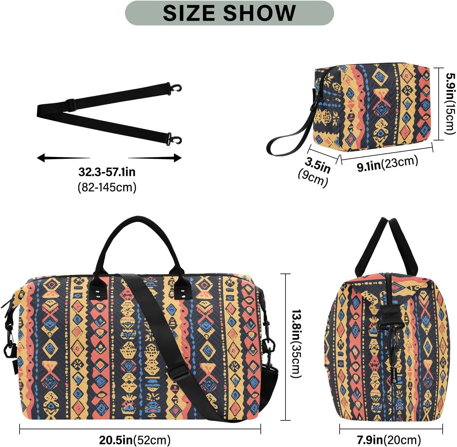 2-Piece Travel Organizer Set - Wave Quilted Expandable Duffel Bag with Detachable Toiletry Pouch, TSA-Compliant Carry-On for Gym/Camping/Airplane, Bohemian Pattern (35)