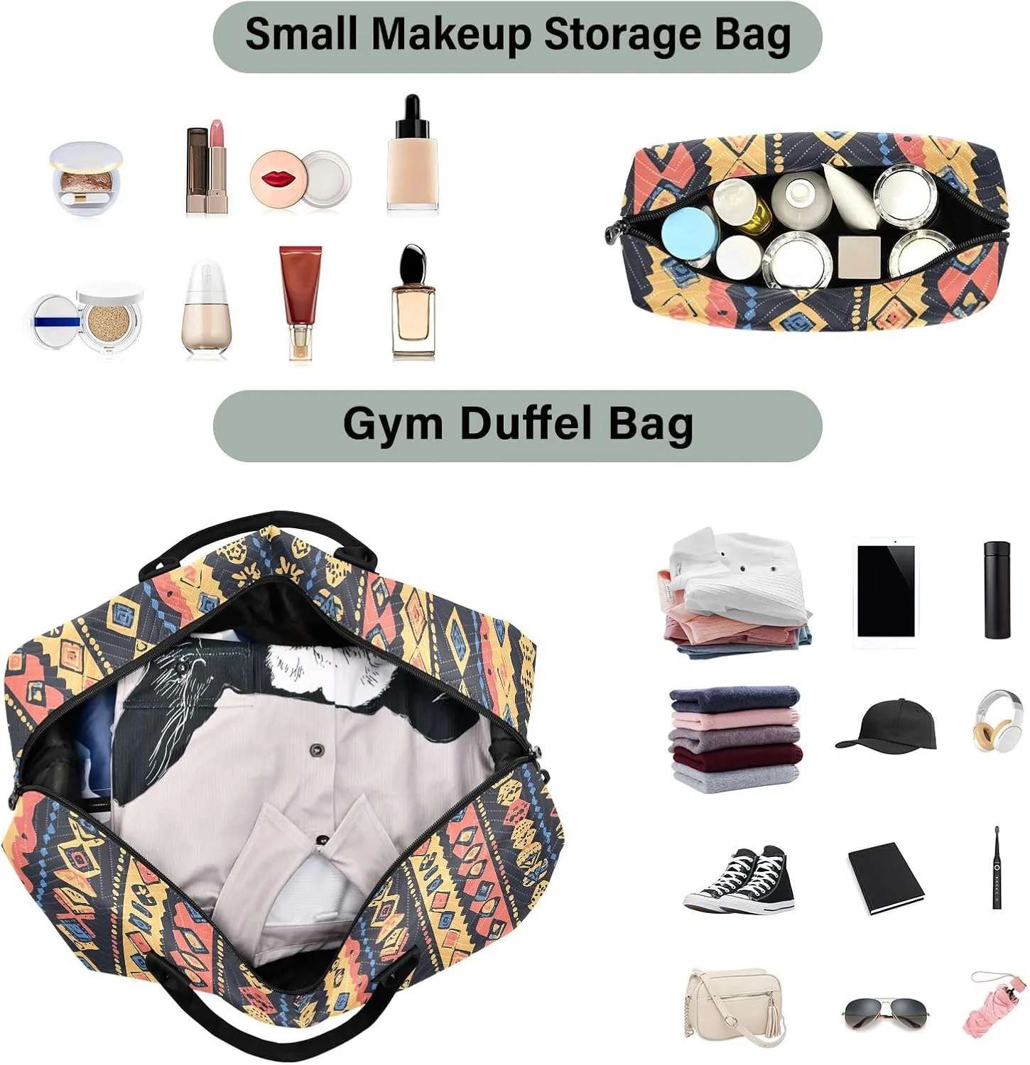 2-Piece Travel Organizer Set - Wave Quilted Expandable Duffel Bag with Detachable Toiletry Pouch, TSA-Compliant Carry-On for Gym/Camping/Airplane, Bohemian Pattern (35)