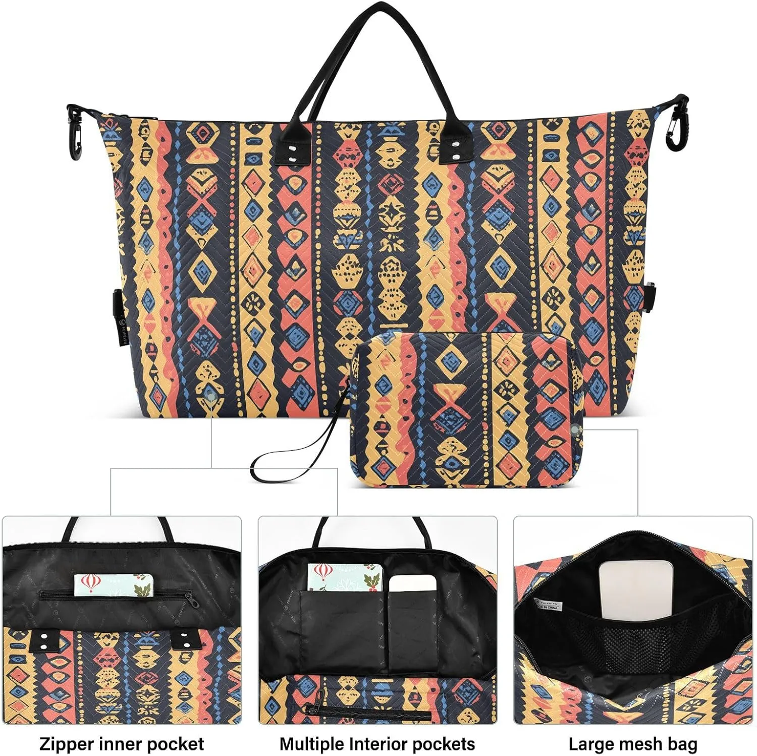 2-Piece Travel Organizer Set - Wave Quilted Expandable Duffel Bag with Detachable Toiletry Pouch, TSA-Compliant Carry-On for Gym/Camping/Airplane, Bohemian Pattern (35)