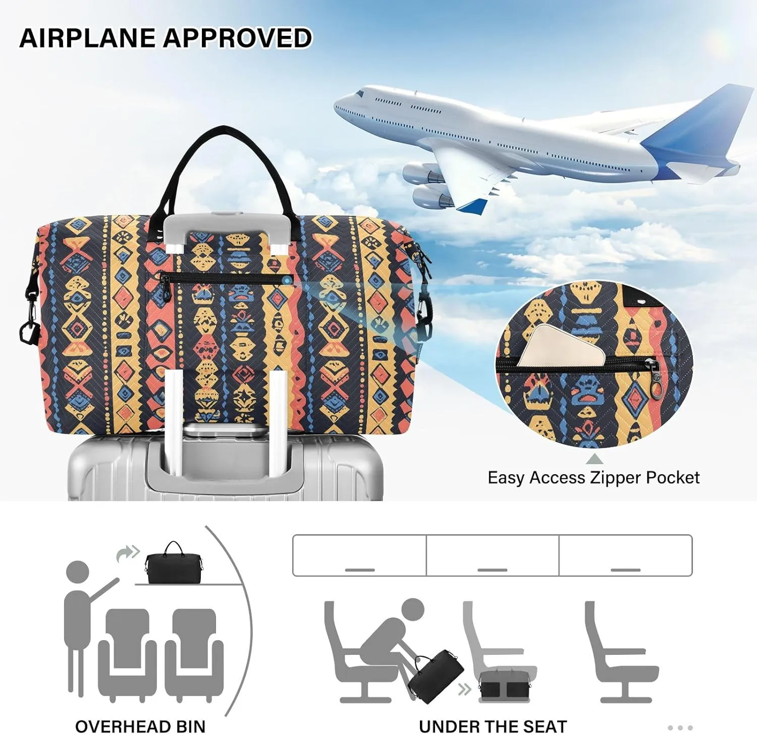 2-Piece Travel Organizer Set - Wave Quilted Expandable Duffel Bag with Detachable Toiletry Pouch, TSA-Compliant Carry-On for Gym/Camping/Airplane, Bohemian Pattern (35)