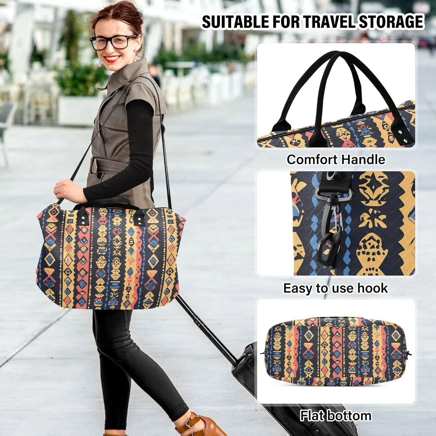 2-Piece Travel Organizer Set - Wave Quilted Expandable Duffel Bag with Detachable Toiletry Pouch, TSA-Compliant Carry-On for Gym/Camping/Airplane, Bohemian Pattern (35)