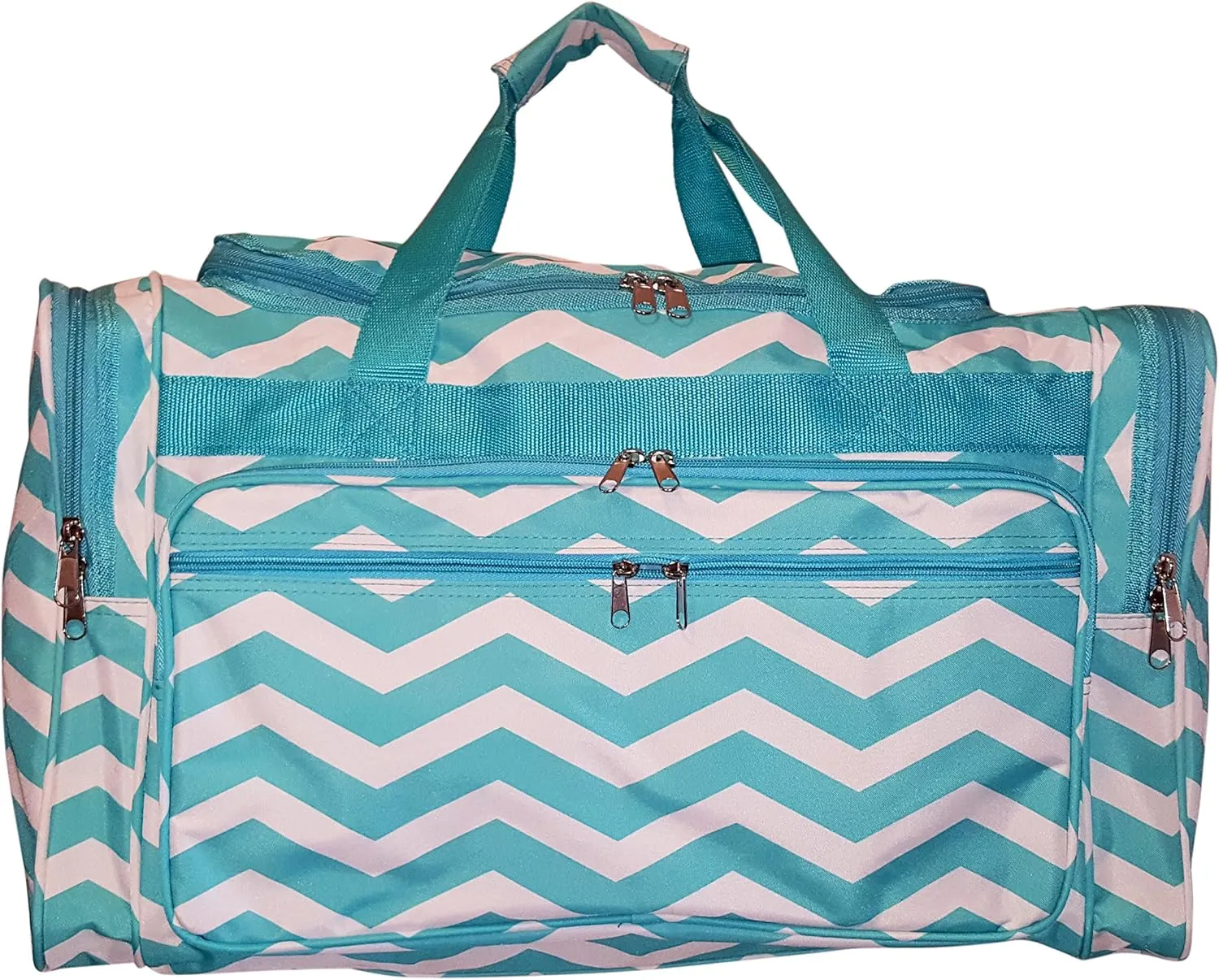 22 inch Fashion Multi Pocket Gym Dance Cheer Travel Carry On Duffle Bag with Bottle Holder (Blank - Aqua Chevron)