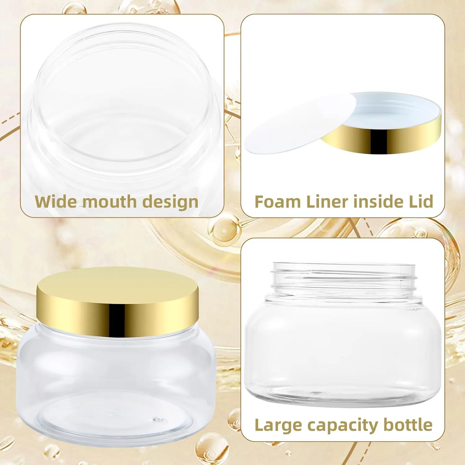 24 Pack 8 Oz Plastic Containers With Lids and Waterproof Label BPA Free - Refillable Transparent Cosmetic Containers for Body Butter,Sugar Scrubs,Cream,Lotions,Candy,Bath Salt (24, Gold)