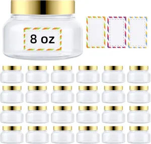 24 Pack 8 Oz Plastic Containers With Lids and Waterproof Label BPA Free - Refillable Transparent Cosmetic Containers for Body Butter,Sugar Scrubs,Cream,Lotions,Candy,Bath Salt (24, Gold)
