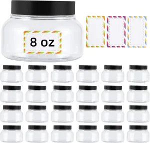 24 Pack 8 Oz Plastic Containers With Lids and Waterproof Label BPA Free - Refillable Transparent Cosmetic Containers for Body Butter,Sugar Scrubs,Cream,Lotions,Candy,Bath Salt (Clear)