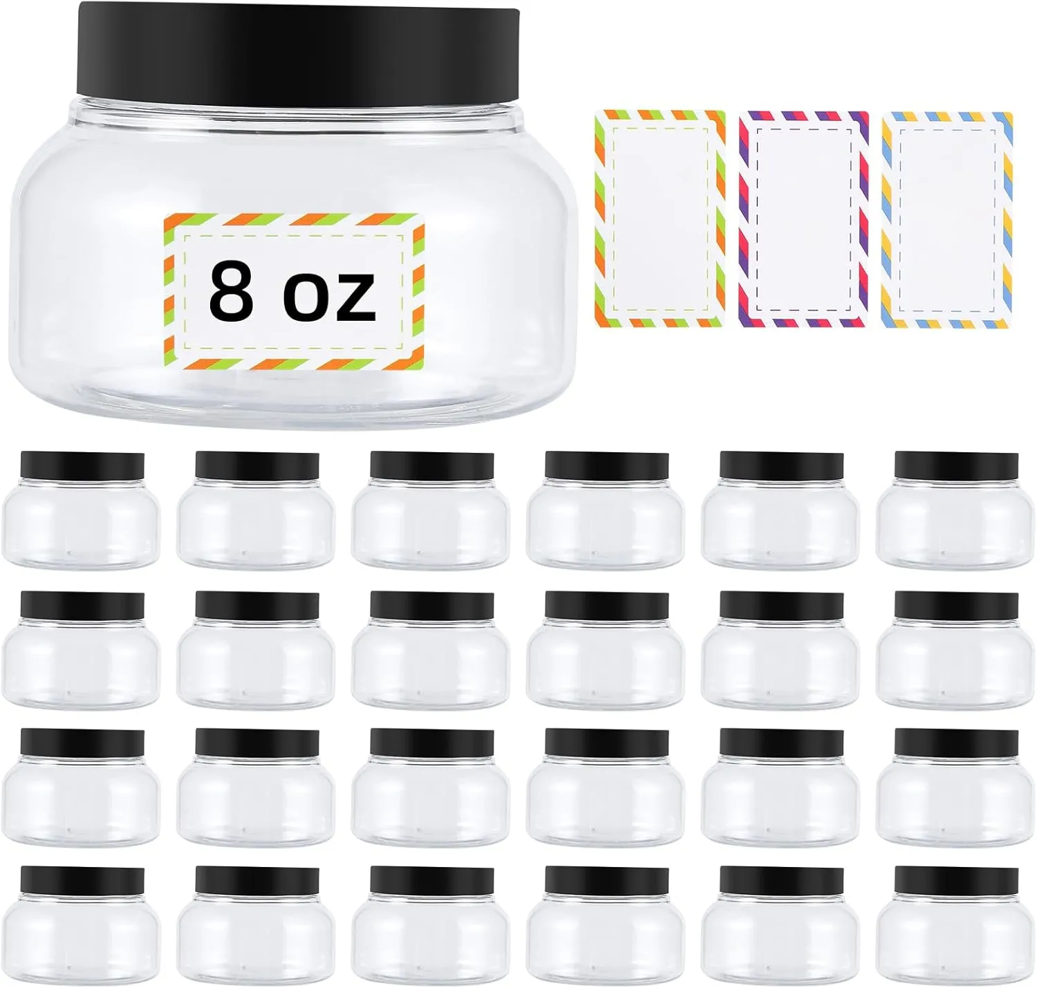 24 Pack 8 Oz Plastic Containers With Lids and Waterproof Label BPA Free - Refillable Transparent Cosmetic Containers for Body Butter,Sugar Scrubs,Cream,Lotions,Candy,Bath Salt (Clear)