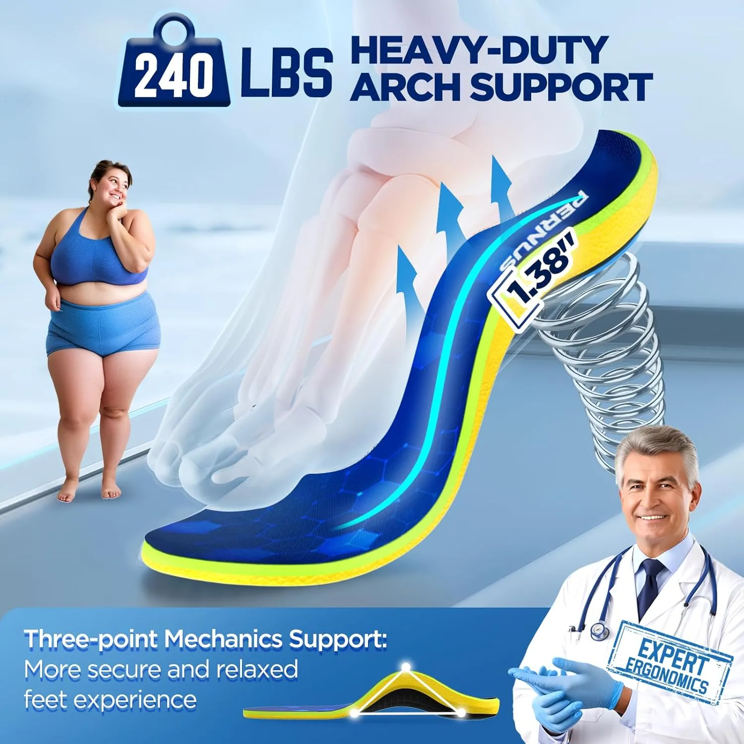 240 lbs Plantar Fasciitis Relief Insoles Men, Comfort PORON Shoe Inserts for Women, Heavy Duty High Arch Support Inserts for Pain Relief Absorb Shock (Blue, XS (Men 4-6 | Women 6-8)-245mm)