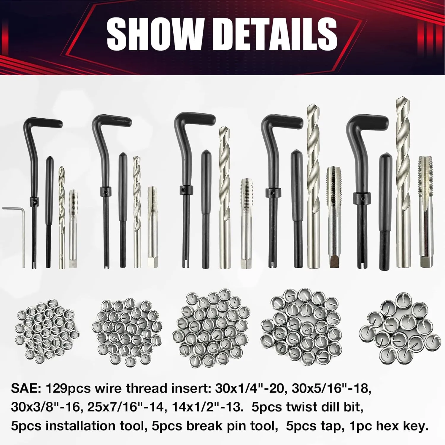 299PCS Metric and SAE Helicoil Thread Repair Kit, HSS Drill Repair Kit, (1/4", 5/16", 3/8", 7/16", 1/2"; M5, M6, M8, M10, M12)