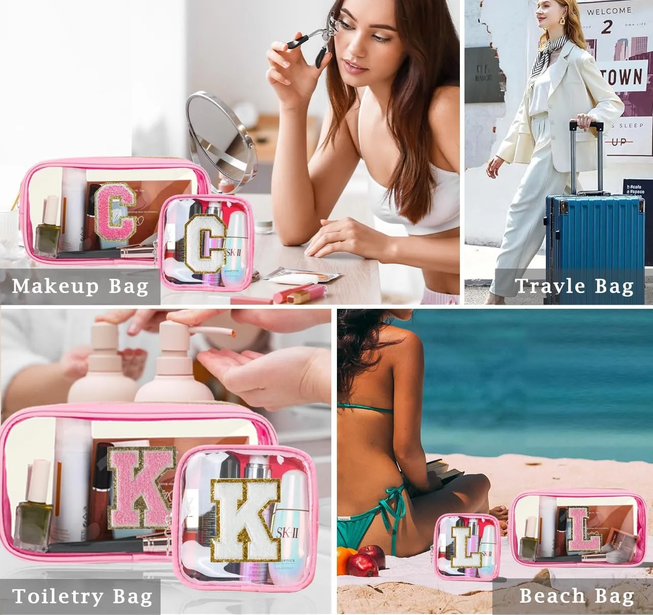 2pcs Personalized Initial Letter Clear Makeup Bag | Waterproof Nylon Preppy Cosmetic Bag | Travel Toiletry Bag | Monogrammed Gifts for Women Girl | Wedding Bridal Shower Gifts for Bridesmaids(Pink A)