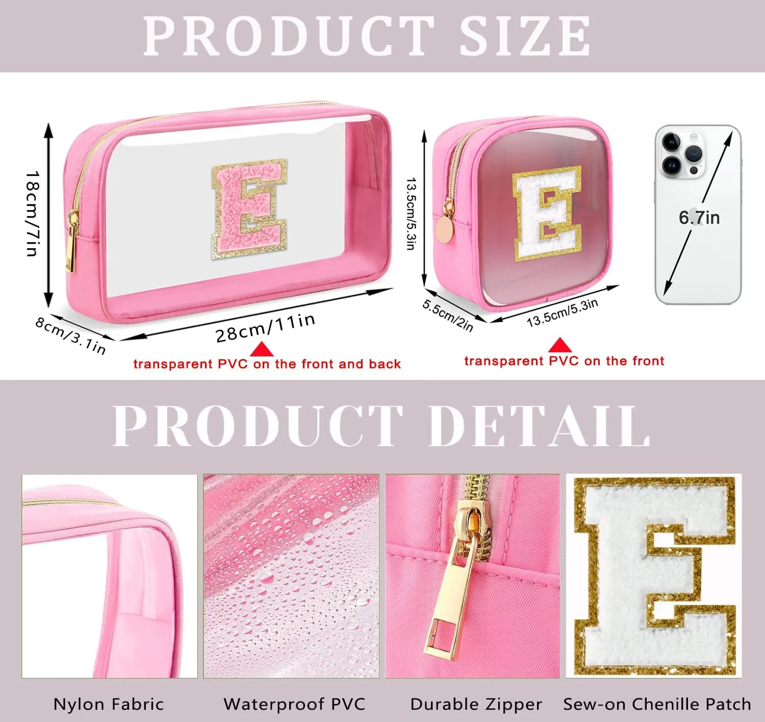 2pcs Personalized Initial Letter Clear Makeup Bag | Waterproof Nylon Preppy Cosmetic Bag | Travel Toiletry Bag | Monogrammed Gifts for Women Girl | Wedding Bridal Shower Gifts for Bridesmaids(Pink A)
