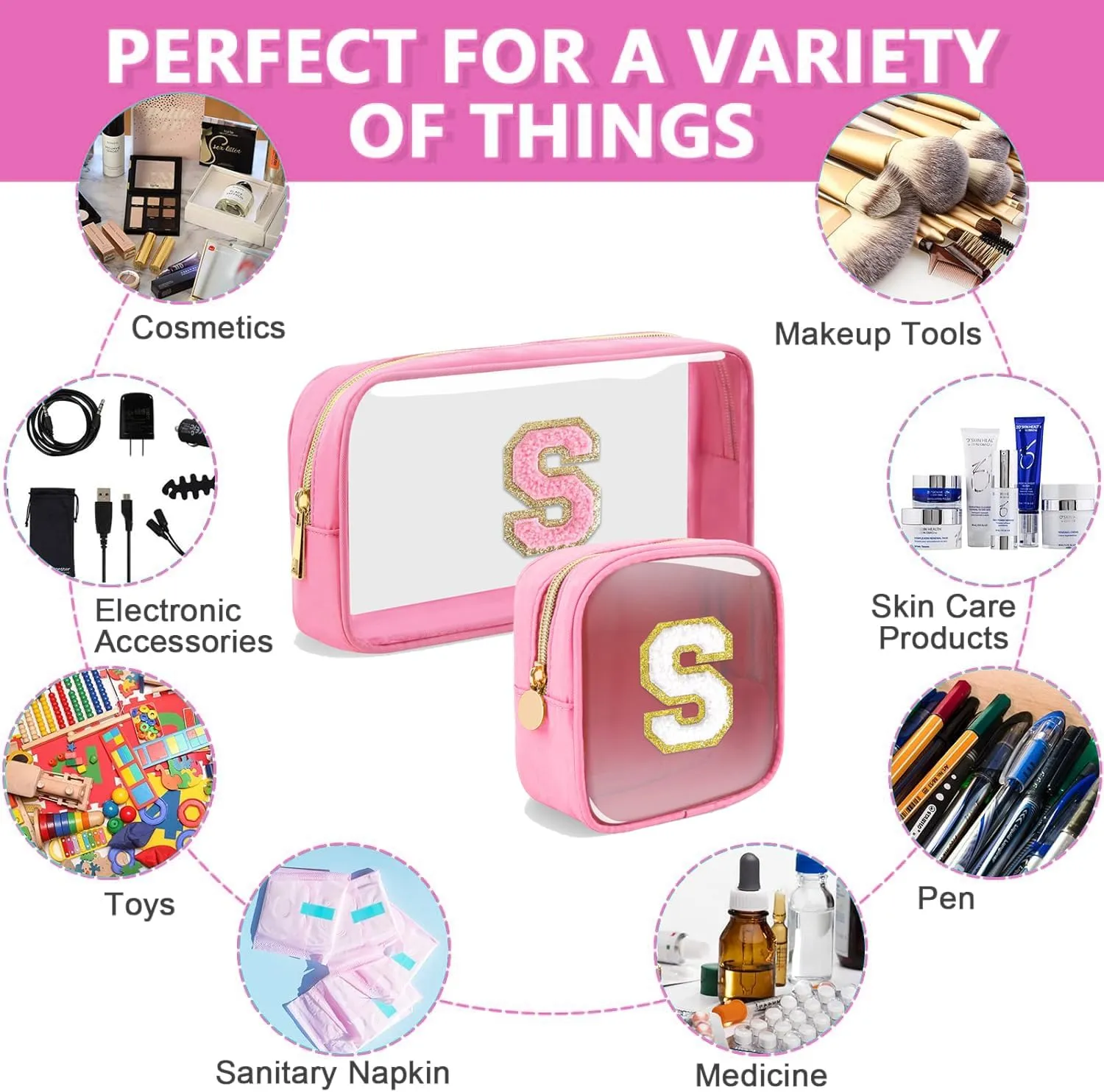 2pcs Personalized Initial Letter Clear Makeup Bag | Waterproof Nylon Preppy Cosmetic Bag | Travel Toiletry Bag | Monogrammed Gifts for Women Girl | Wedding Bridal Shower Gifts for Bridesmaids(Pink A)