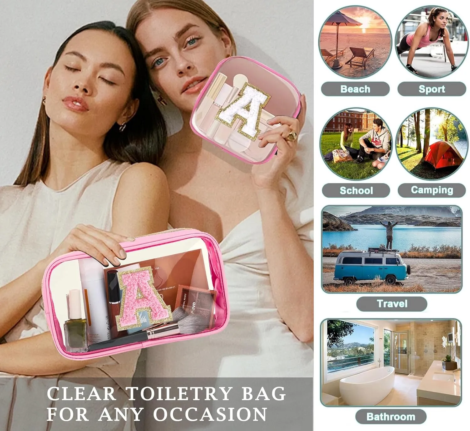 2pcs Personalized Initial Letter Clear Makeup Bag | Waterproof Nylon Preppy Cosmetic Bag | Travel Toiletry Bag | Monogrammed Gifts for Women Girl | Wedding Bridal Shower Gifts for Bridesmaids(Pink A)