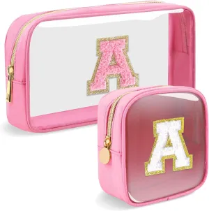 2pcs Personalized Initial Letter Clear Makeup Bag | Waterproof Nylon Preppy Cosmetic Bag | Travel Toiletry Bag | Monogrammed Gifts for Women Girl | Wedding Bridal Shower Gifts for Bridesmaids(Pink A)