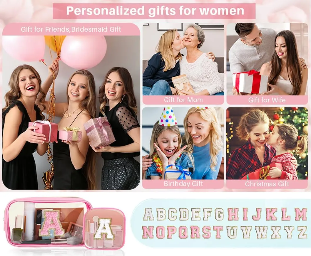 2pcs Personalized Initial Letter Clear Makeup Bag | Waterproof Nylon Preppy Cosmetic Bag | Travel Toiletry Bag | Monogrammed Gifts for Women Girl | Wedding Bridal Shower Gifts for Bridesmaids(Pink A)